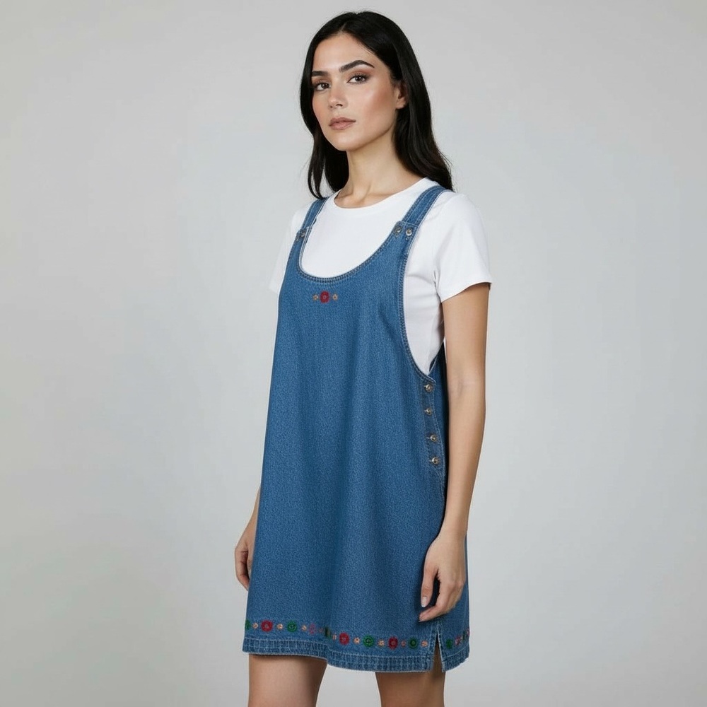 VTG 90s True Blue Women's Denim Tank Dress - FLORAL EMBROIDERED - Size 1X